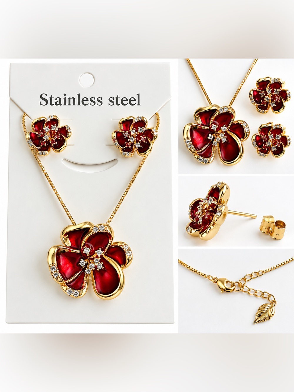 Red Floral Stainless Steel Necklace & Earrings Set Gold Tone